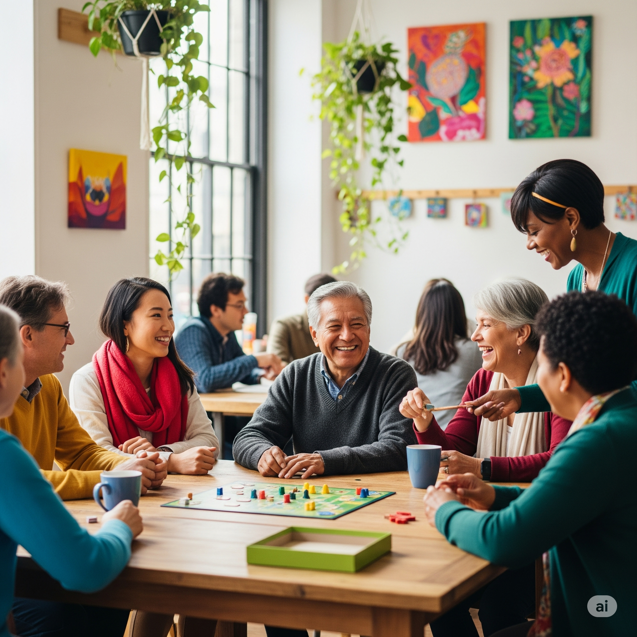 Diverse group of friends connecting and smiling in a bright, welcoming community space